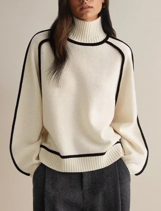 White Clara turtleneck sweater for women by Christine Brewer featuring luxe wool edge trim, perfect for autumn wear.