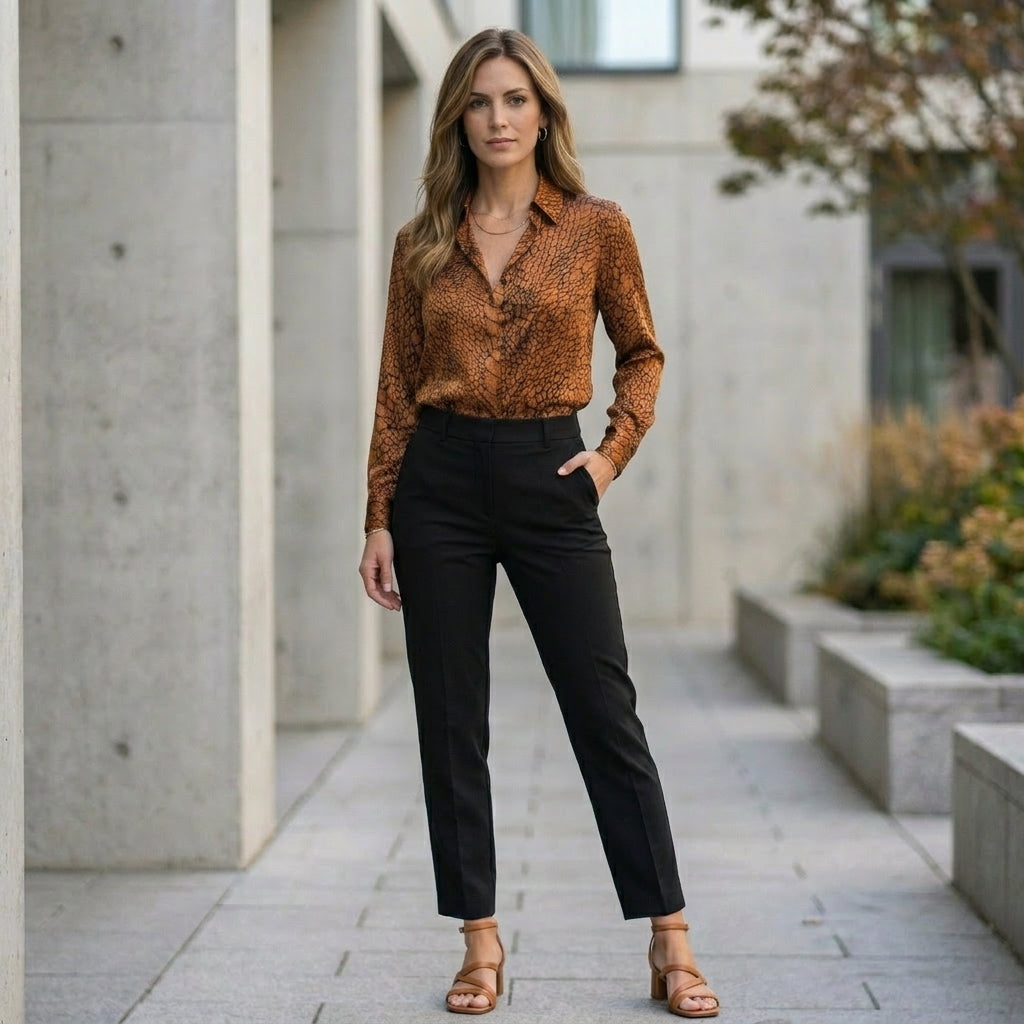 Women’s summer blouse by Christine Brewer featuring a printed long sleeve design, styled casually in a lifestyle setting.