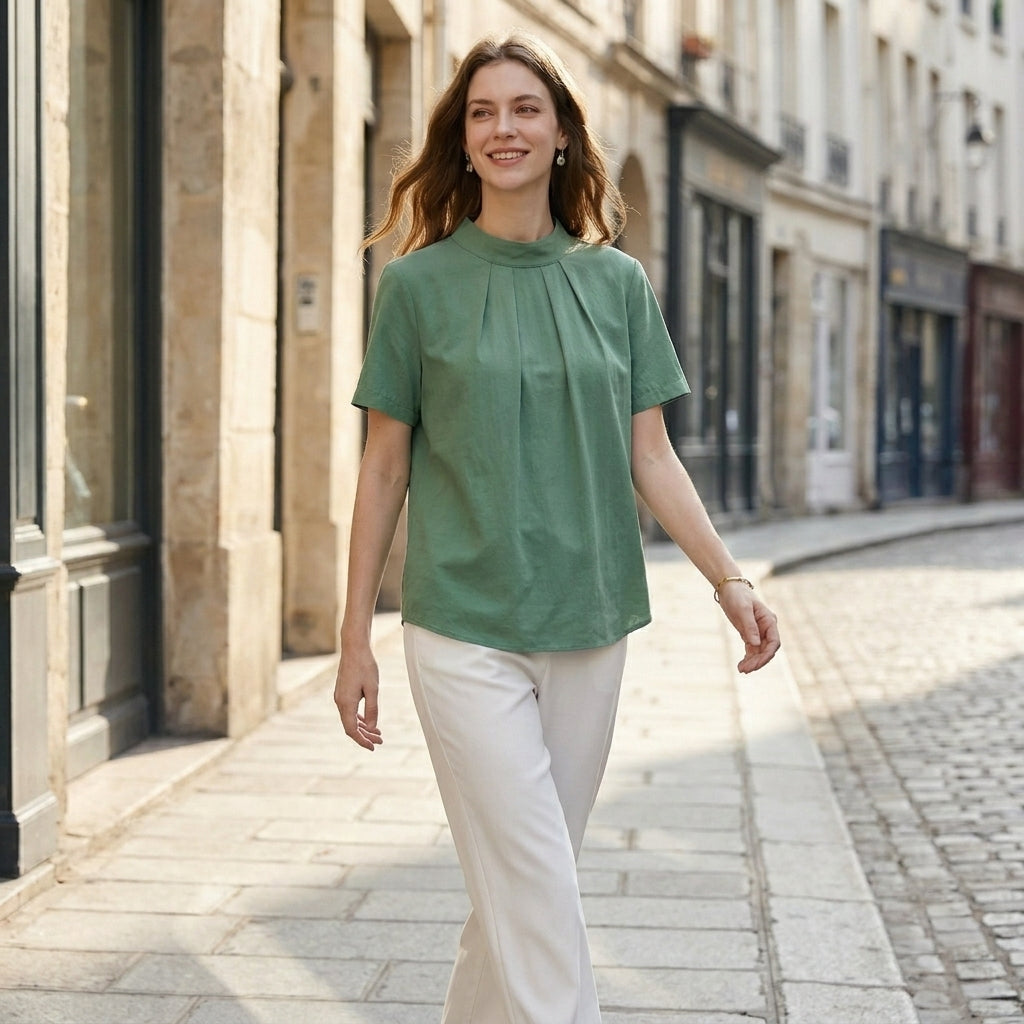 Women’s high neck summer blouse by Christine Brewer, short sleeve top styled with casual, relaxed fit for warm weather.