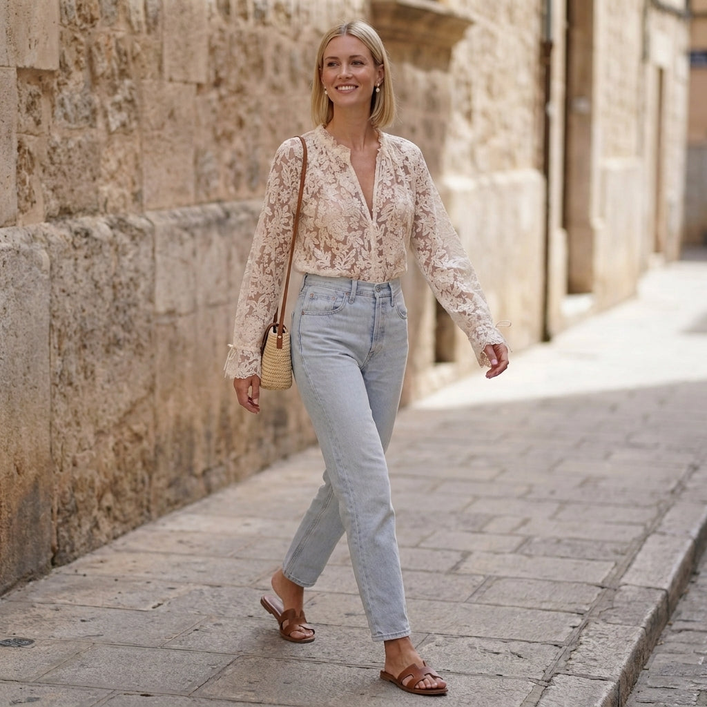 Women’s floral V-neck lace summer blouse by Christine Brewer, shown styled with light fabric and short sleeves.