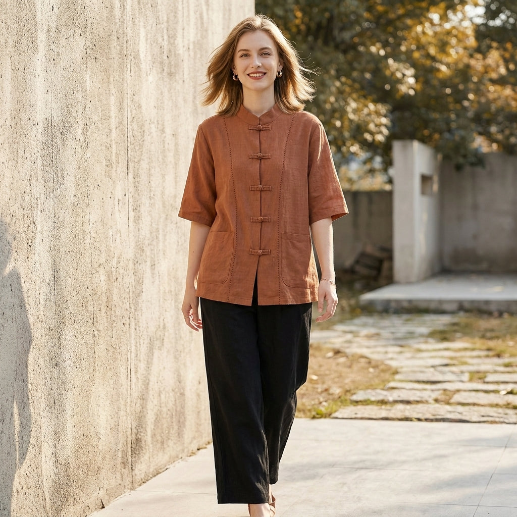 Christine Brewer women's summer blouse with denim pockets, lightweight top perfect for casual warm-weather wear.