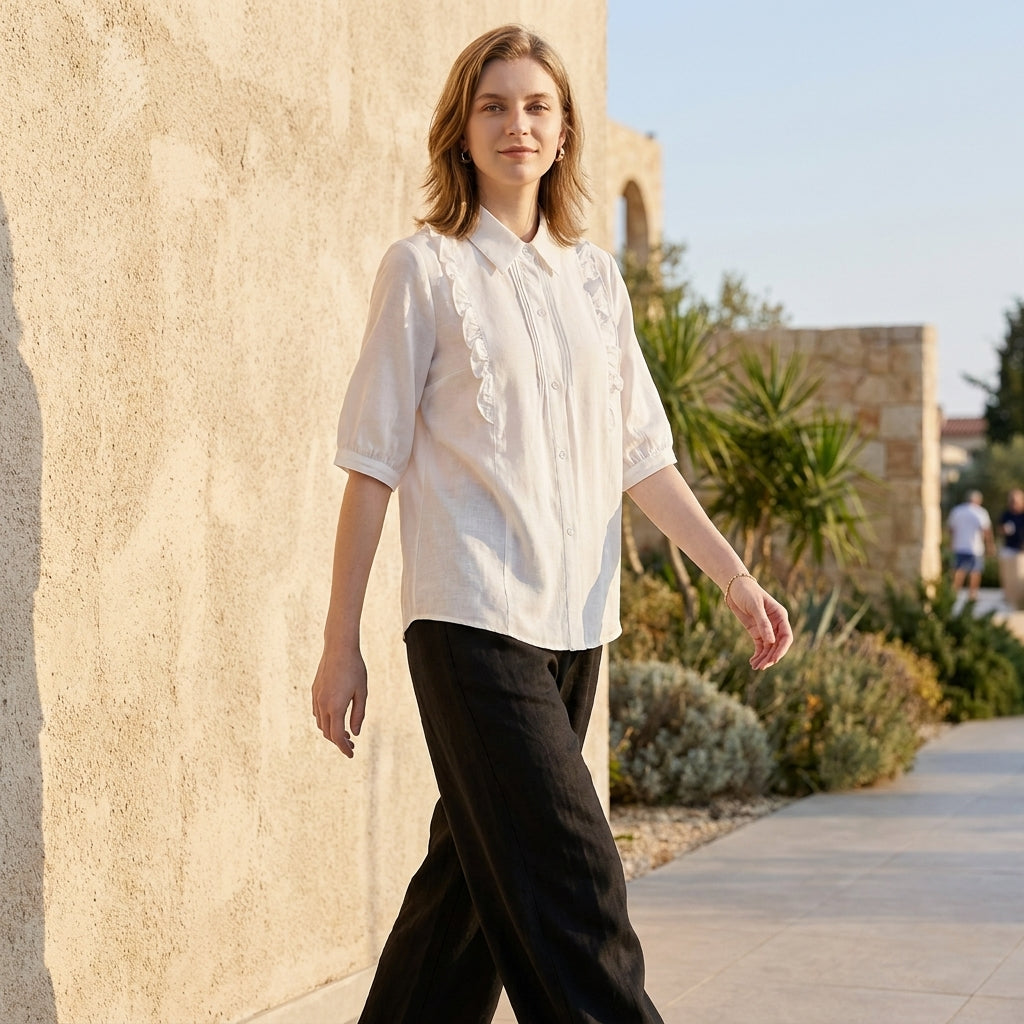 Woman wearing a denim ruffle summer blouse by Christine Brewer, casual top with ruffled details, outdoors lifestyle shot.