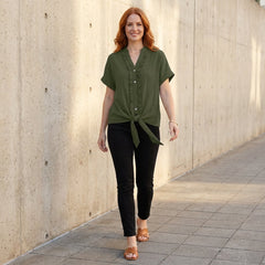 Women’s summer blouse by Christine Brewer featuring a V-neck denim top with ruffle details, casual style perfect for warm weather.