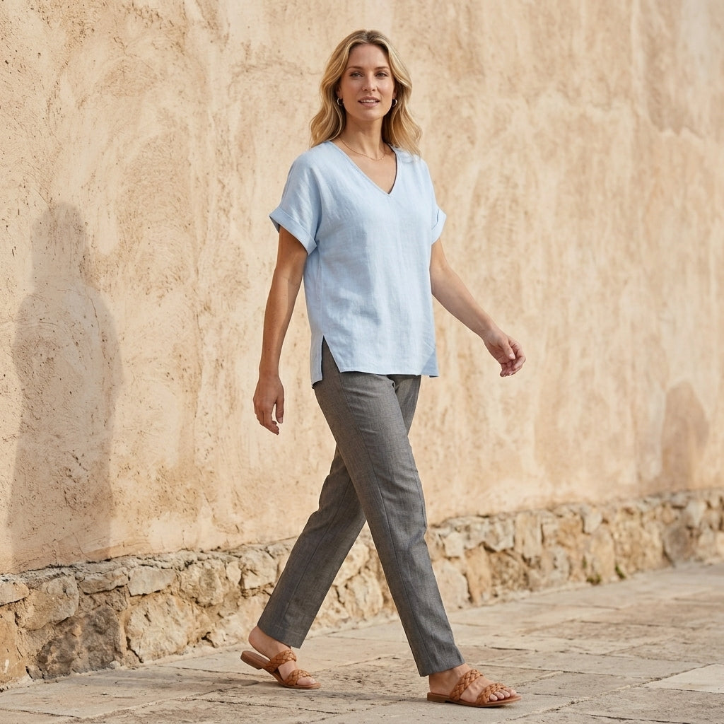 Women’s summer V-neck short sleeve denim blouse by Christine Brewer, styled casually, shown in a lifestyle setting.