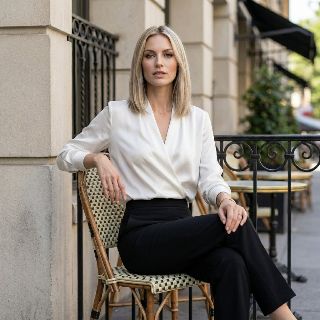 Women’s satin summer blouse with V-neck and long sleeves, casual style by Christine Brewer, shown in a lifestyle setting.
