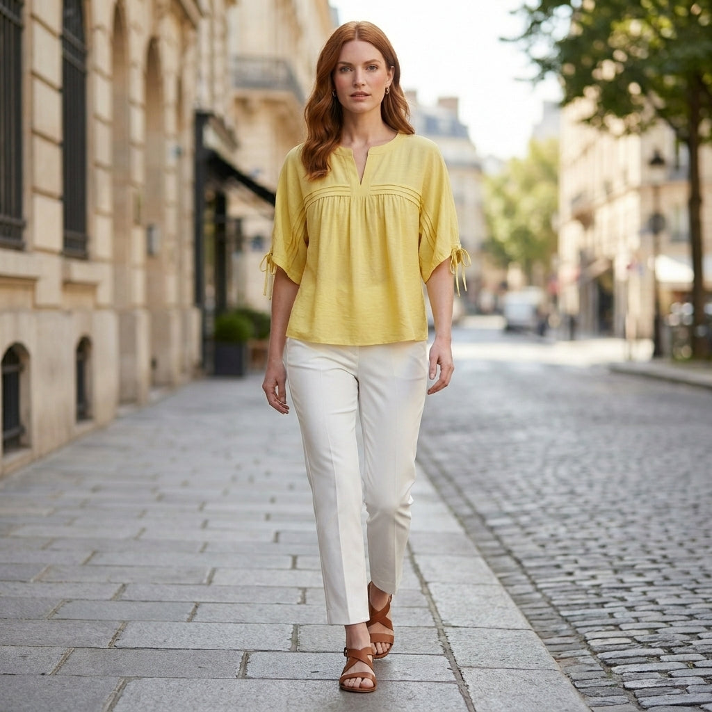 Women’s summer linen blouse by Christine Brewer, flowing and lightweight, worn casually outdoors with a relaxed fit and natural fabric.