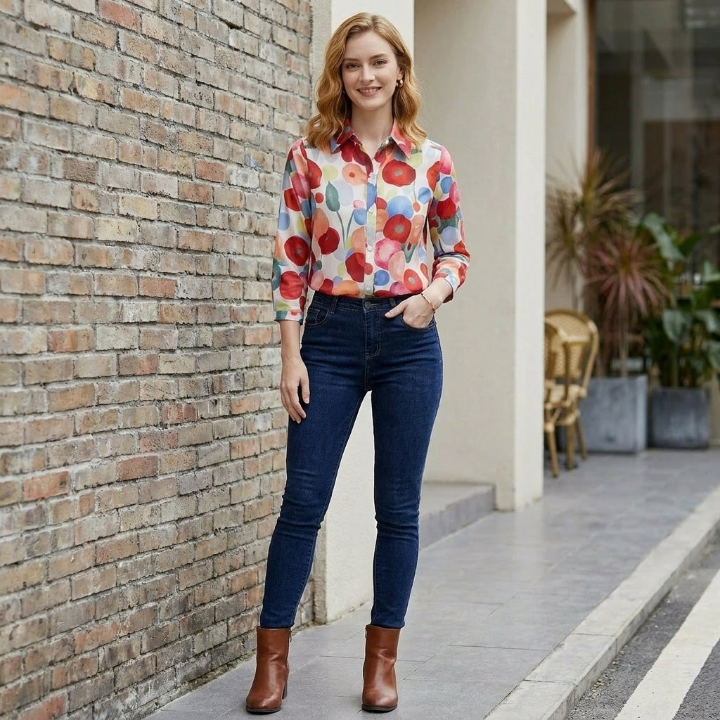 Women’s summer floral blouse with long sleeves and denim fabric, styled casually for warm weather by Christine Brewer.