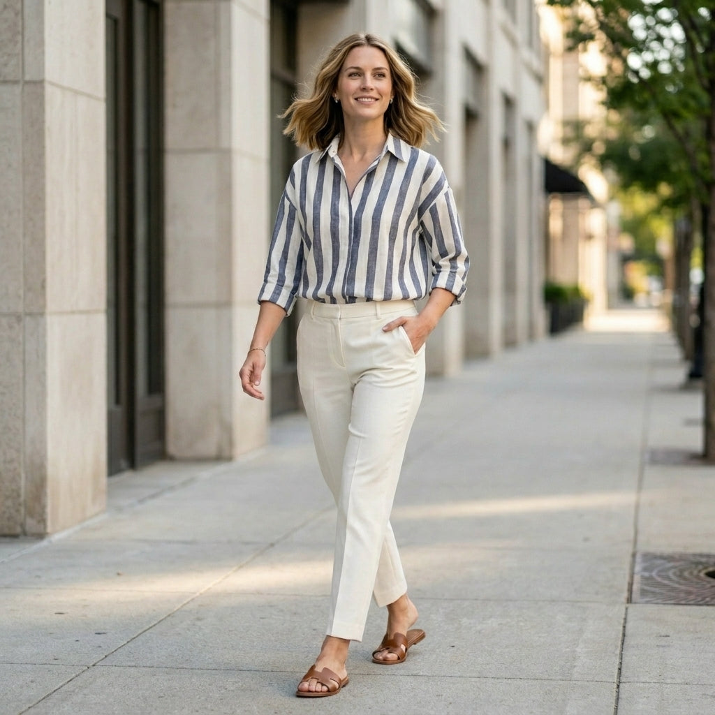 Woman wearing Christine Brewer striped long sleeve summer blouse, casual lifestyle shot showing relaxed fit and stylish design.