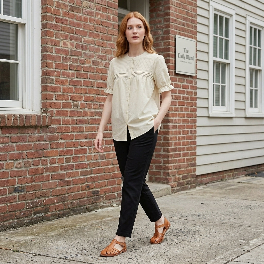 Women’s summer blouse by Christine Brewer featuring puff sleeves, denim fabric, and button front for a casual stylish look.