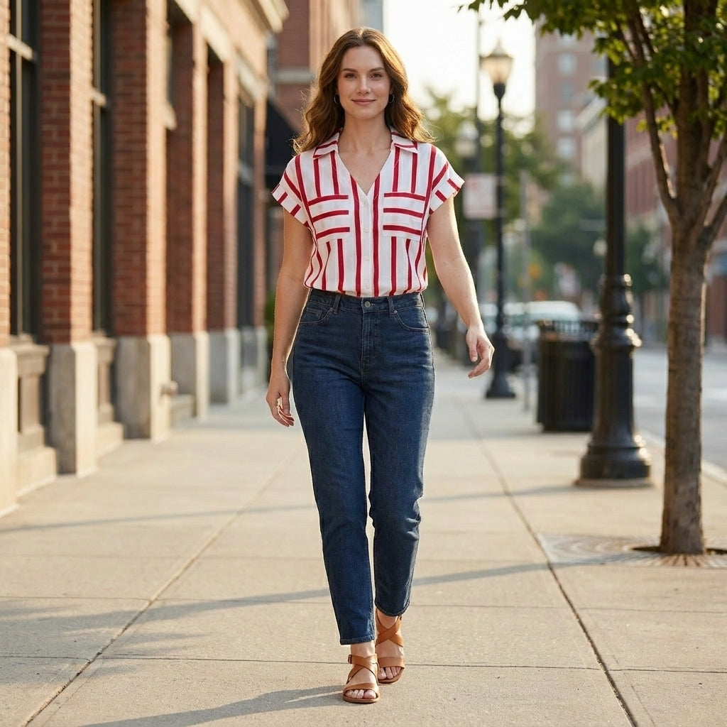 Women’s striped V-neck summer blouse by Christine Brewer, shown styled with casual accessories in a lifestyle setting.