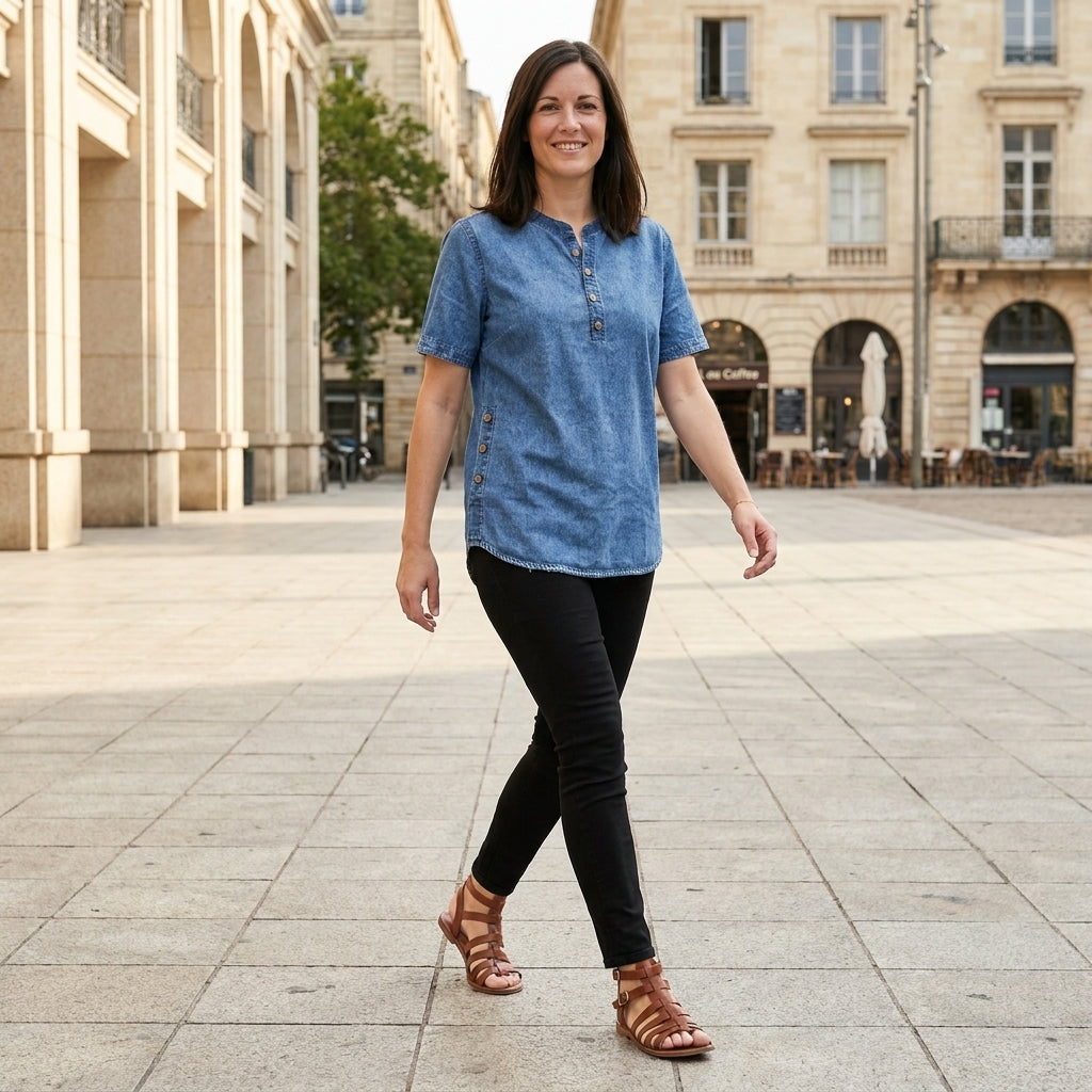 Women’s denim summer top with button-front design by Christine Brewer, shown styled with casual summer accessories.