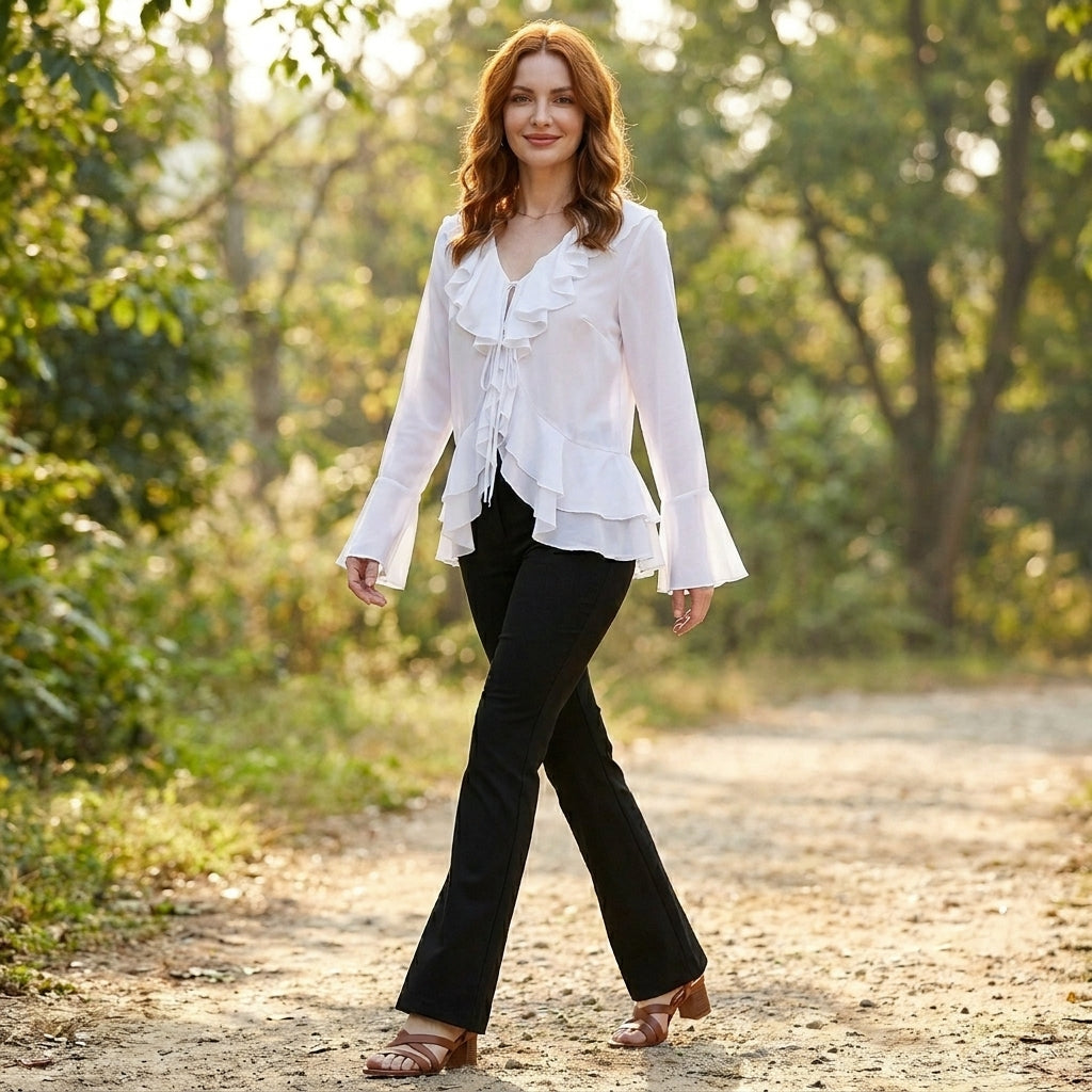 Women’s summer blouse by Christine Brewer featuring bell sleeves and denim fabric, styled in a casual, relaxed outdoor setting.