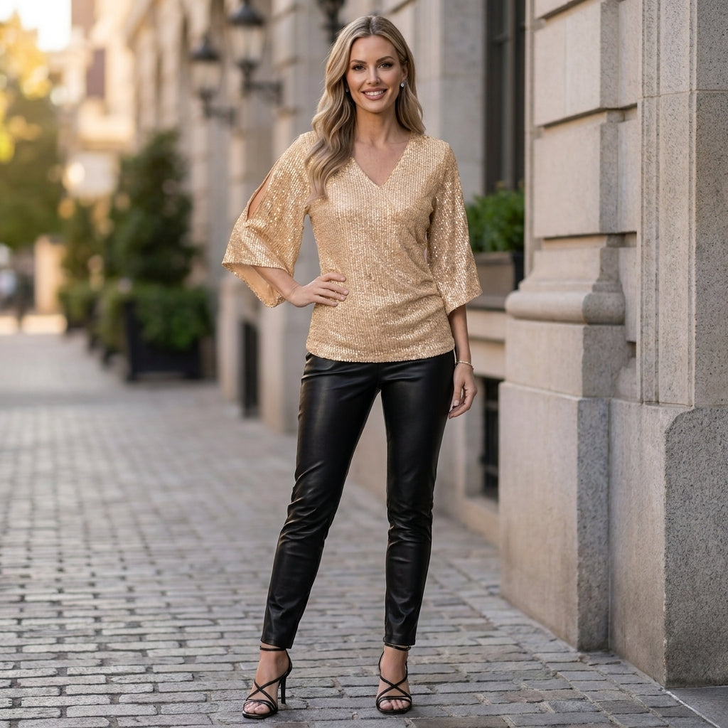 Christine Brewer women's summer blouse with V-neck and sequin embellishments, styled in a casual outdoor setting.