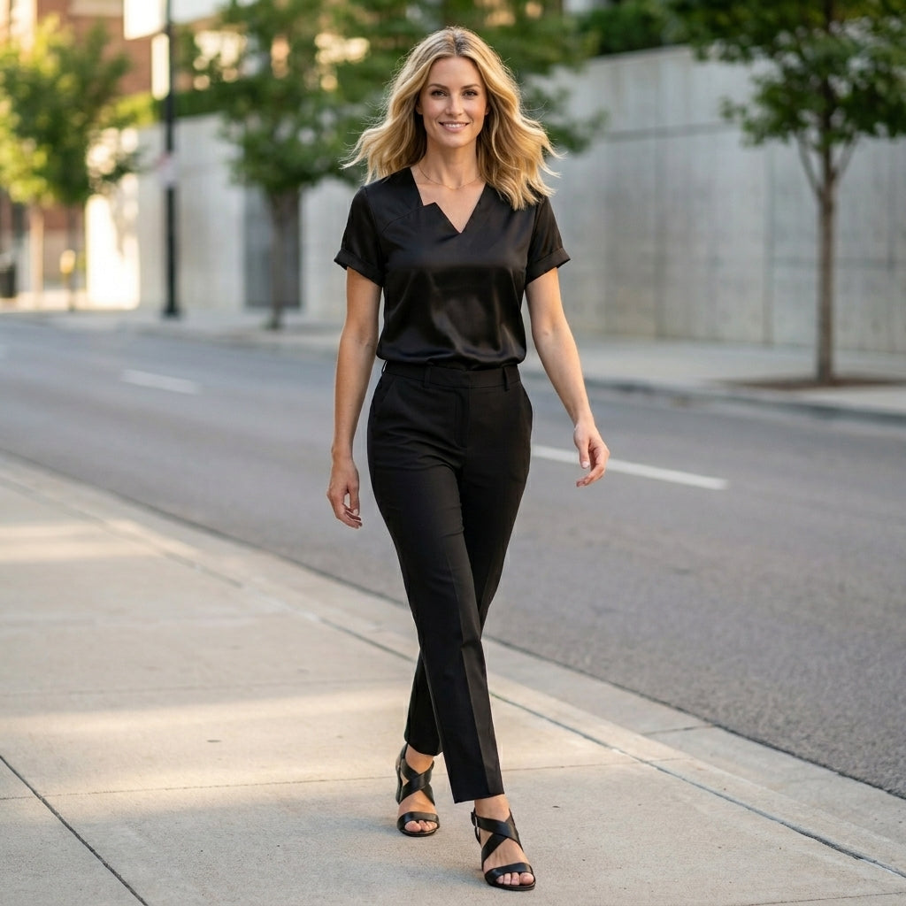 Women’s summer satin blouse with V-neck and short sleeves, casual and stylish, by Christine Brewer, shown in lifestyle setting.
