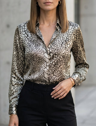 Light gray women's summer blouse with print and long sleeves by Christine Brewer, featuring a stylish and comfortable design.