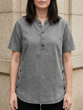 Light gray women's summer top by Christine Brewer with denim fabric and button-front design, casual sleeveless style.