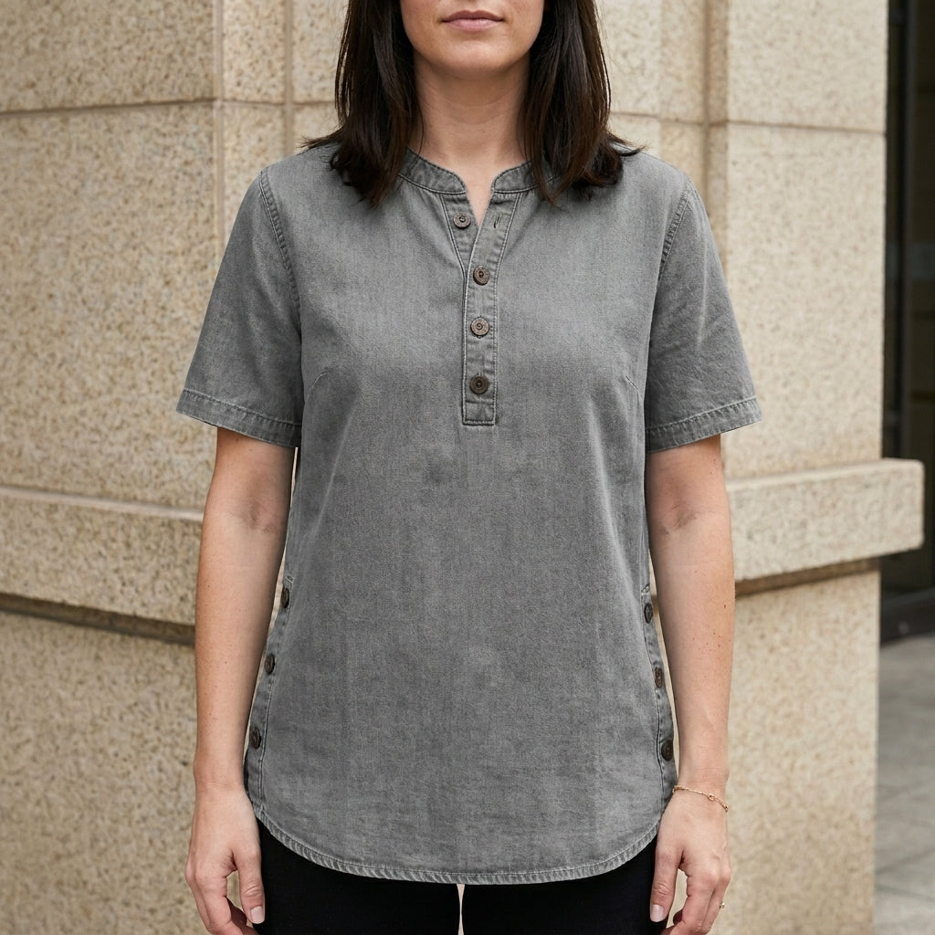 Light gray women's summer top by Christine Brewer with denim fabric and button-front design, casual sleeveless style.