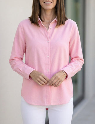 Light pink linen summer blouse for women with button front, stylish and breathable top by Christine Brewer.