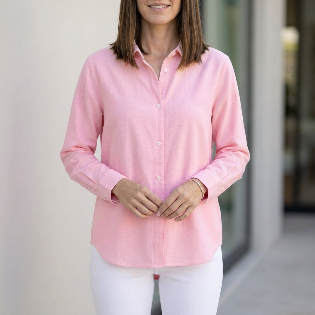 Light pink linen summer blouse for women with button front, stylish and breathable top by Christine Brewer.