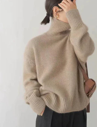 Christine Brewer Cara women's turtleneck sweater in khaki, featuring a cozy knit design and a comfortable fit.