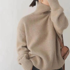 Light khaki high neck sweater for women by Christine Brewer, featuring a cozy fit and stylish design.