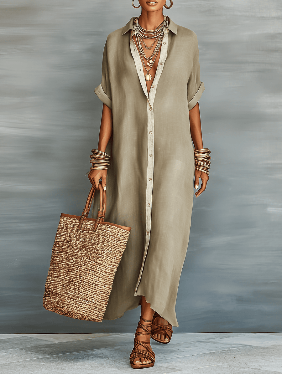 Linen maxi dress for women by Christine Brewer, flowing long dress with a relaxed fit and natural linen fabric.