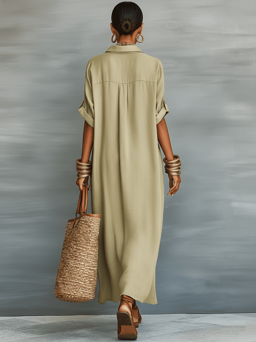Light beige linen maxi dress for women by Christine Brewer, flowing design with shoulder straps and a relaxed fit.