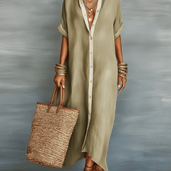 Light beige linen maxi dress for women by Christine Brewer, flowing design with sleeveless style and a V-neck neckline.
