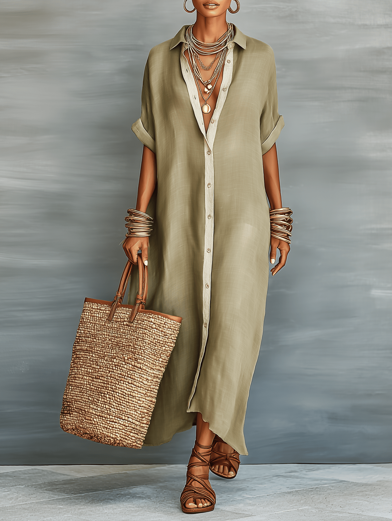 Light beige linen maxi dress for women by Christine Brewer, flowing design with sleeveless style and a V-neck neckline.