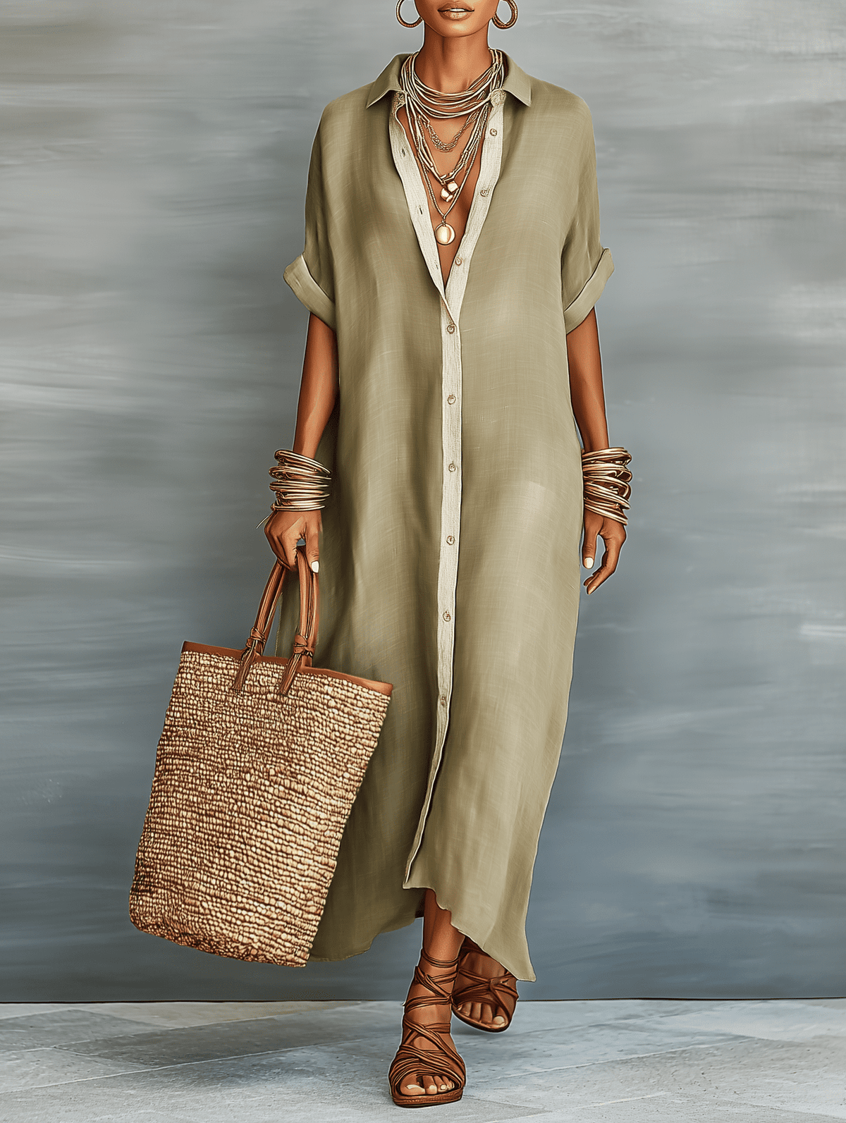 Light beige linen maxi dress for women by Christine Brewer, flowing design with sleeveless style and a V-neck neckline.