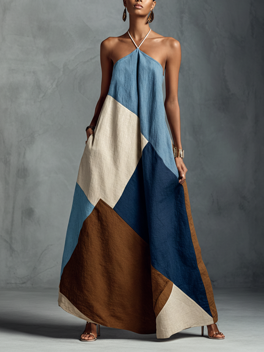 Linen patchwork maxi dress by Christine Brewer featuring a casual, flowing design with patchwork fabric in neutral tones.