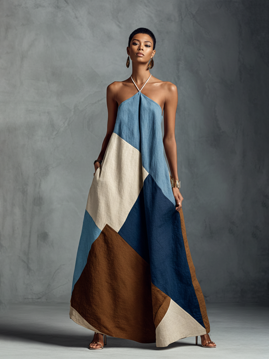 Linen patchwork maxi dress by Christine Brewer featuring a casual, flowy design with patchwork patterns and a relaxed fit.