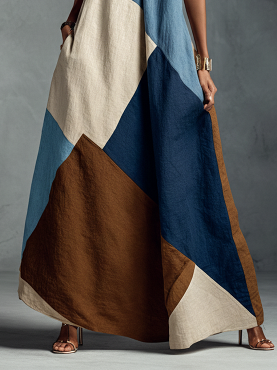 Linen patchwork maxi dress by Christine Brewer featuring casual, flowing design with patchwork details and a relaxed fit.