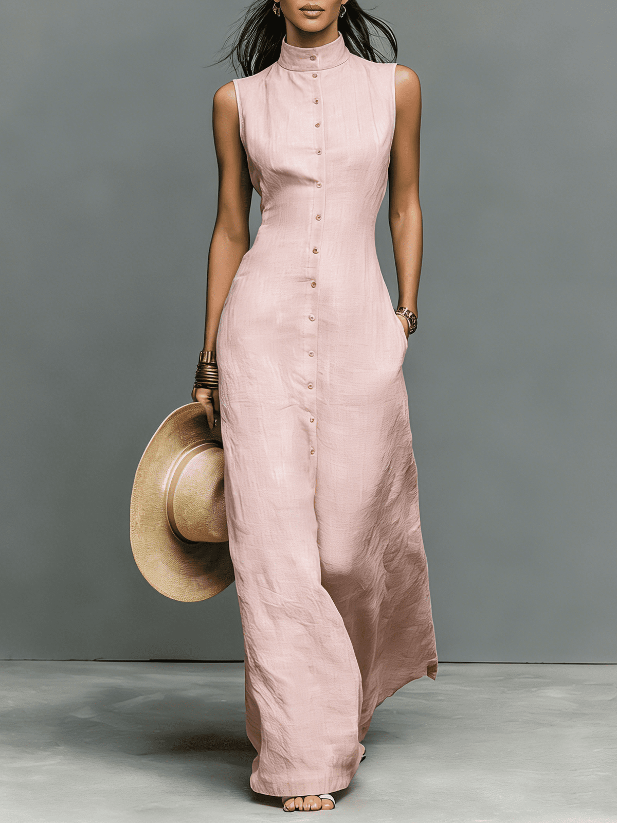 Sleeveless linen maxi dress for women by Christine Brewer, flowing design with a relaxed fit and lightweight fabric.