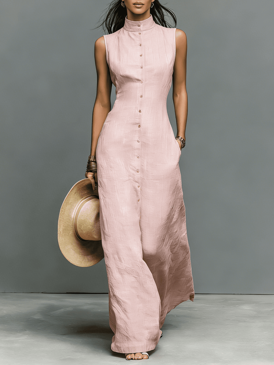 Sleeveless linen maxi dress for women by Christine Brewer, flowing design with a relaxed fit and lightweight fabric.