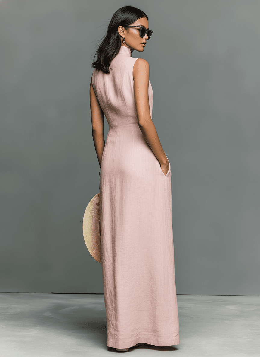Sleeveless linen maxi dress for women by Christine Brewer, flowing design with a relaxed fit and lightweight fabric.