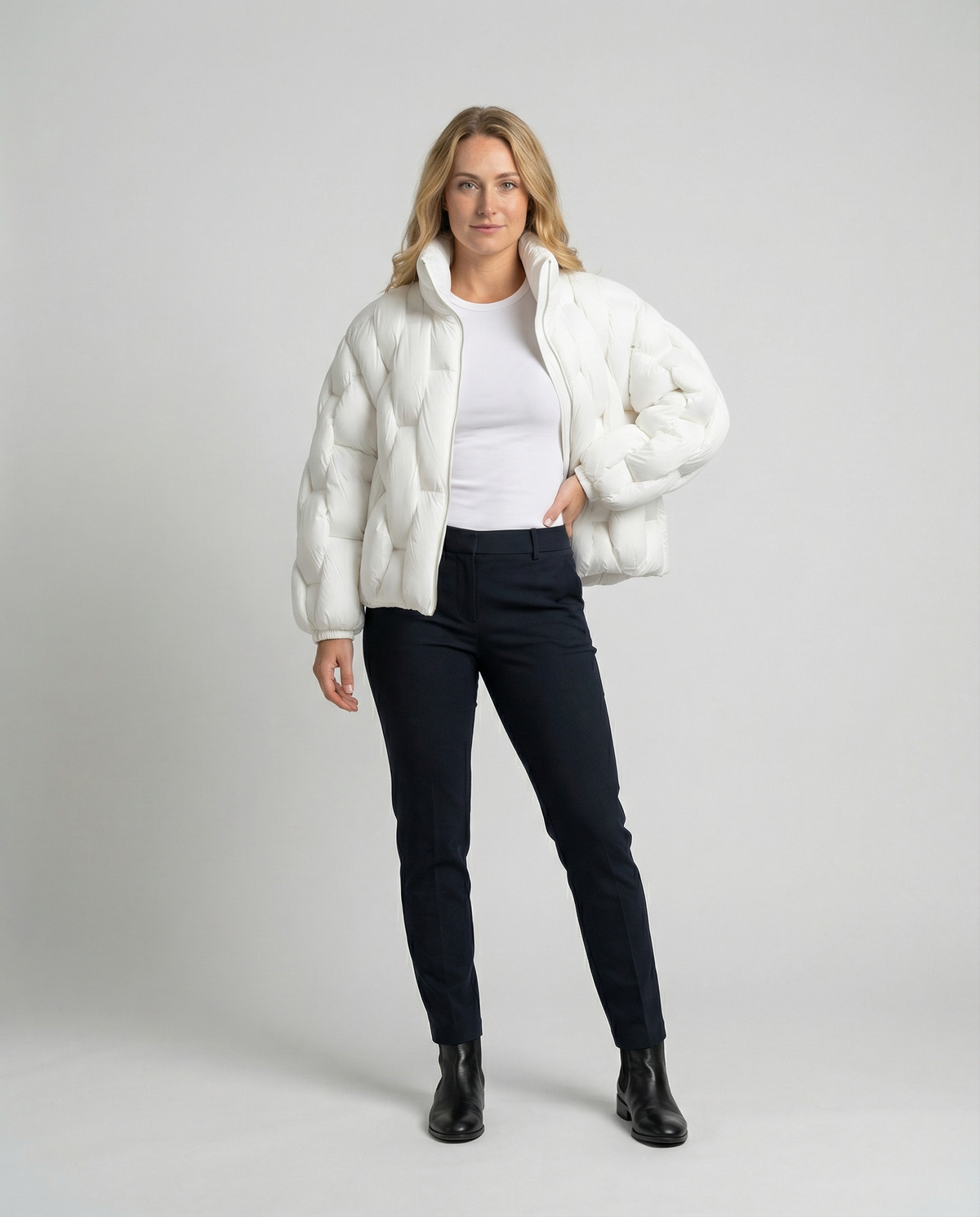 Full-body front view of Christine Brewer Clara Cosy Puffer Jacket for Women, showcasing its stylish design and warm, padded appearance.