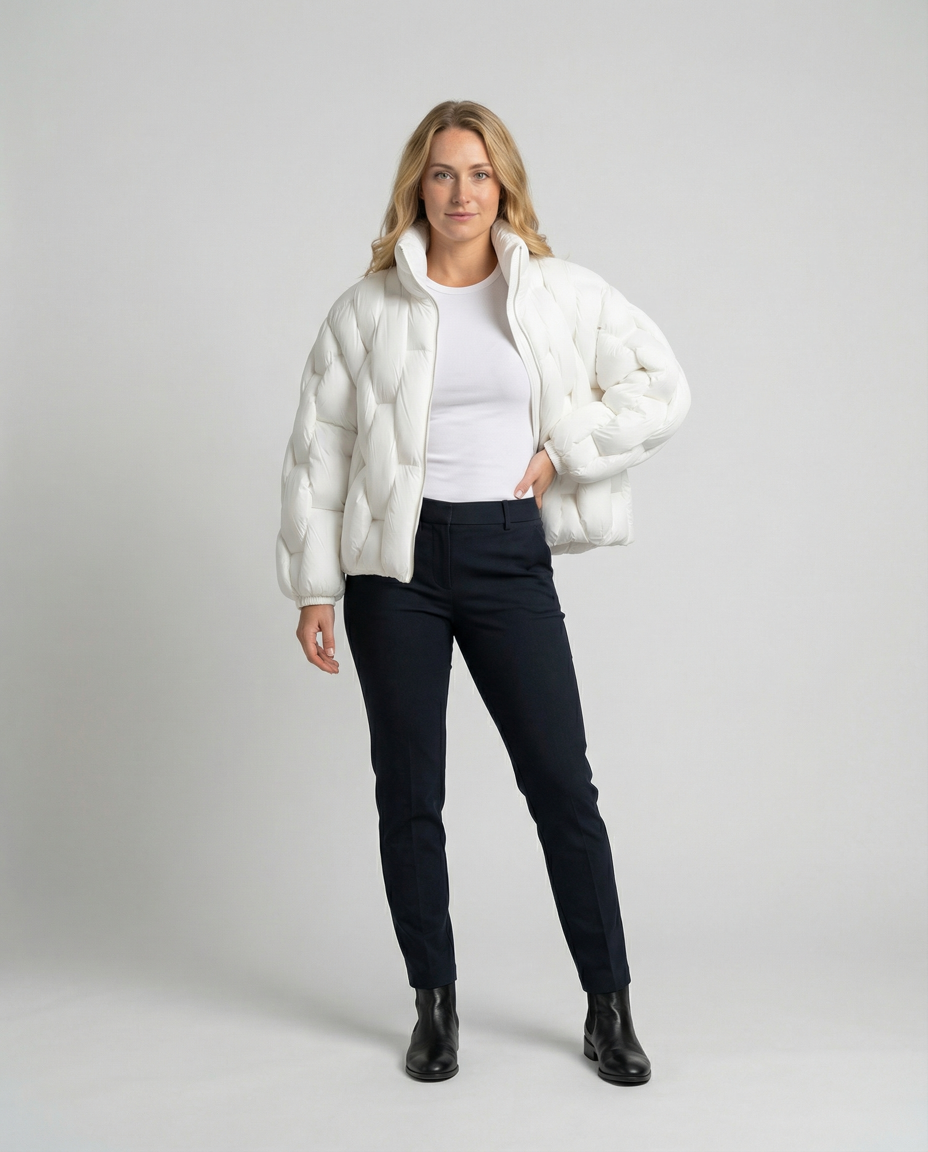 Full-body front view of Christine Brewer Clara Cosy Puffer Jacket for Women, showcasing its stylish design and warm, padded appearance.
