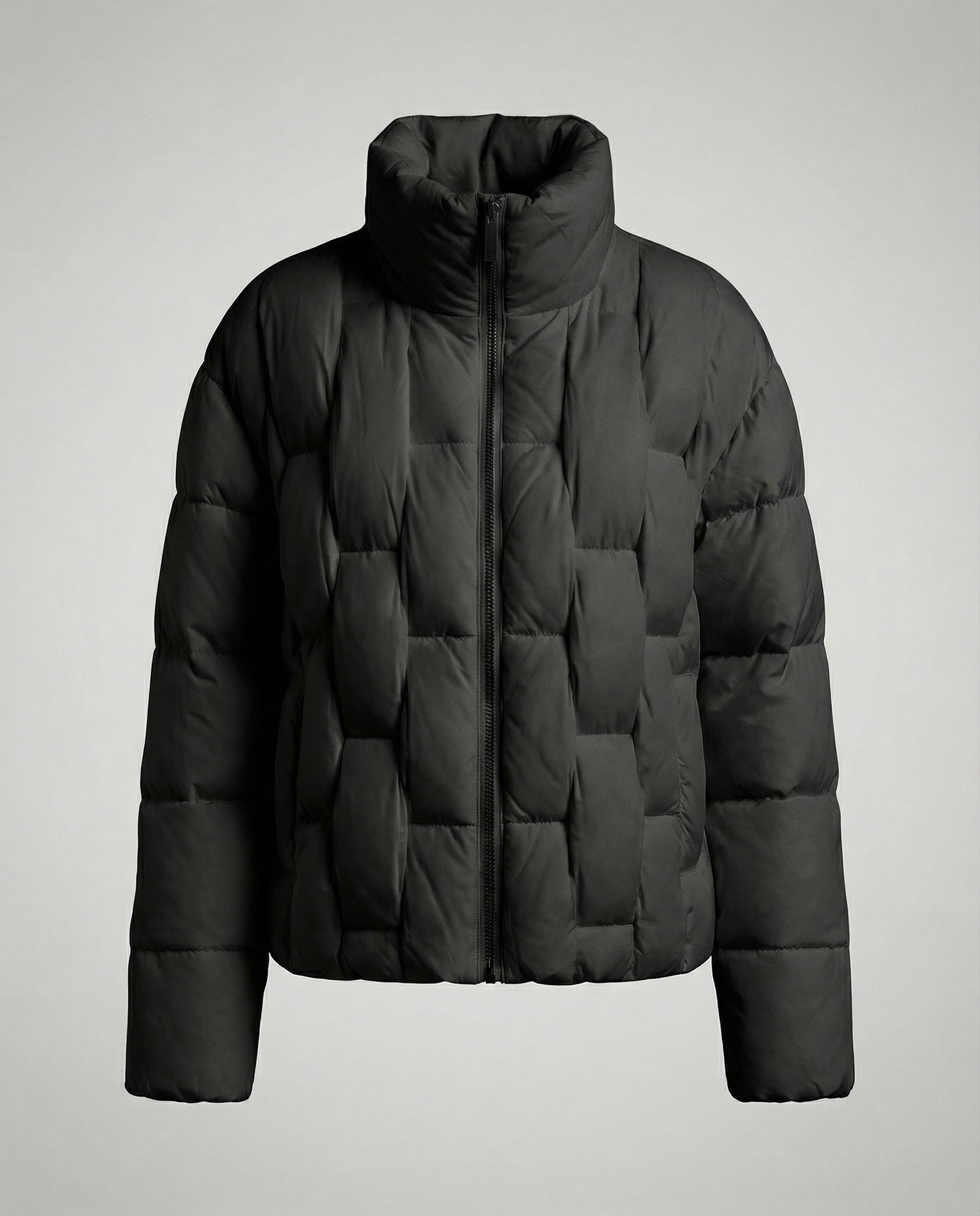 Black Clara Cosy Puffer Jacket for Women by Christine Brewer, featuring a quilted design and stand-up collar.