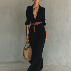 Long sleeve maxi dress for women by Christine Brewer, flowing fabric, elegant design, and full-length style.