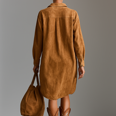Red suede v-neck midi dress for women by Christine Brewer, featuring a stylish v-neckline and a sleek midi length.