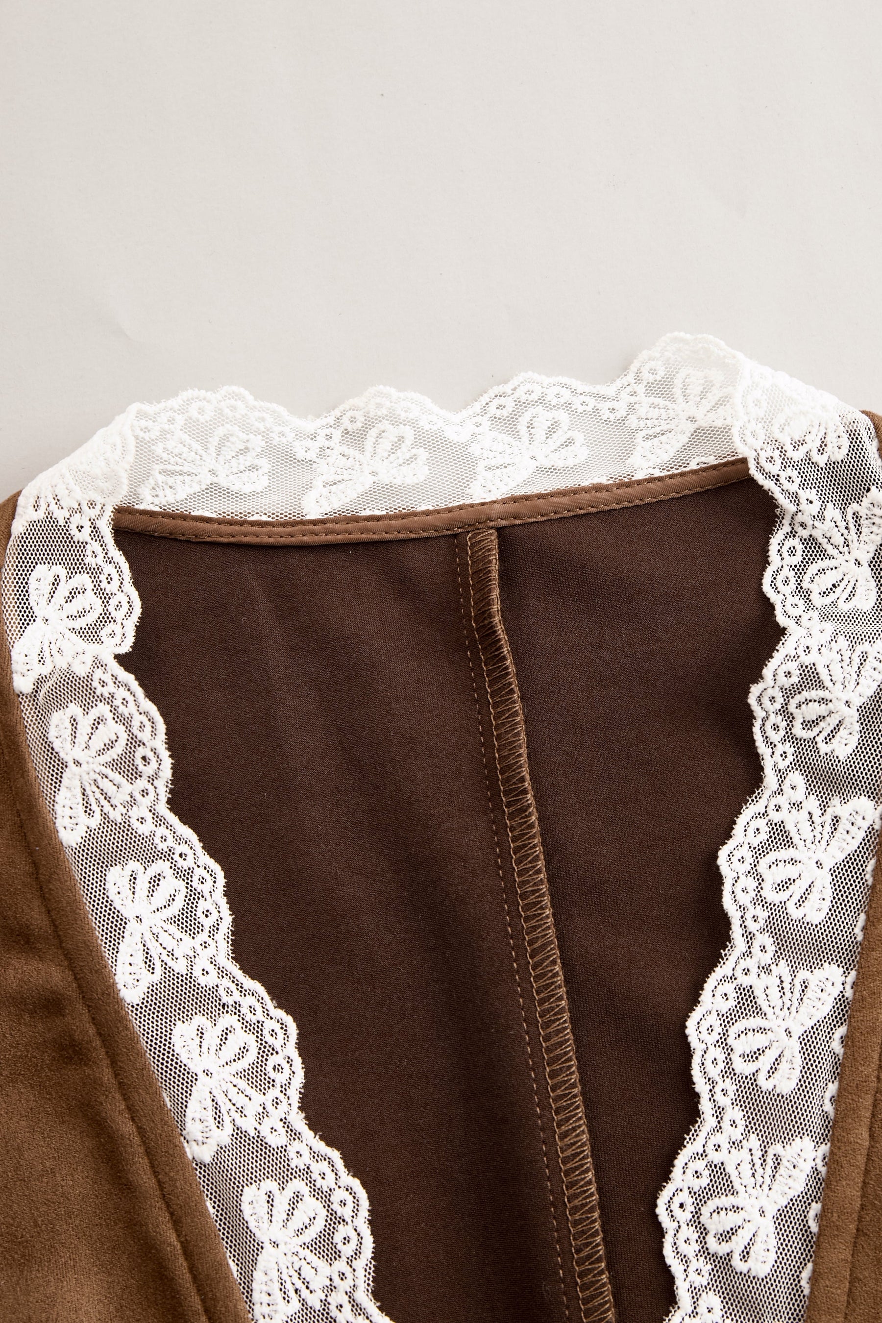 Brown suede lace sleeve western shirt for women by Christine Brewer, featuring a stylish western-inspired blouse with lace details.