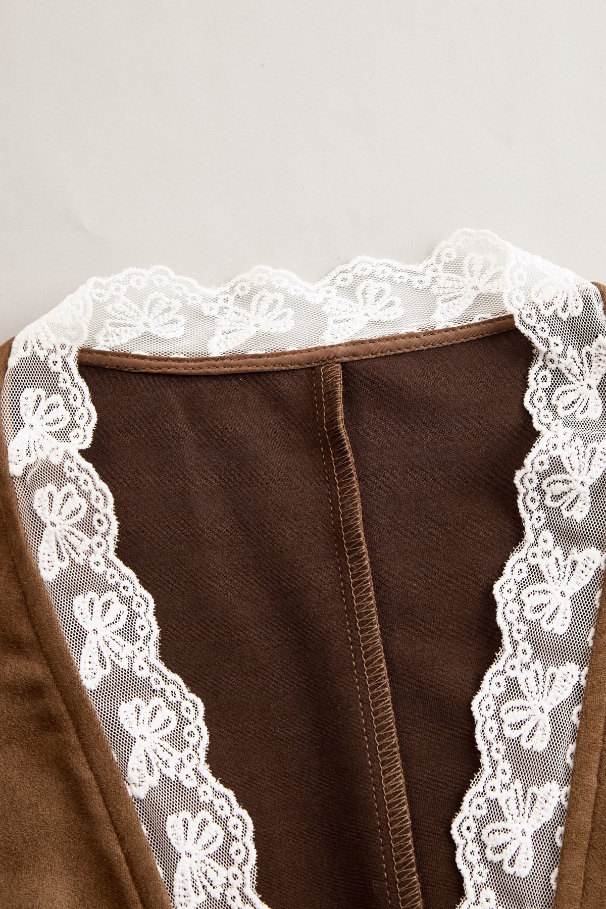 Brown suede lace sleeve western shirt for women by Christine Brewer, featuring a stylish western-inspired blouse with lace details.