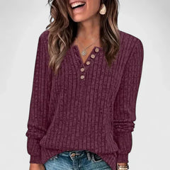 Kylie ribbed knit top for women by Christine Brewer, featuring a button detail, in a close-up view of the sweater's textured fabric.