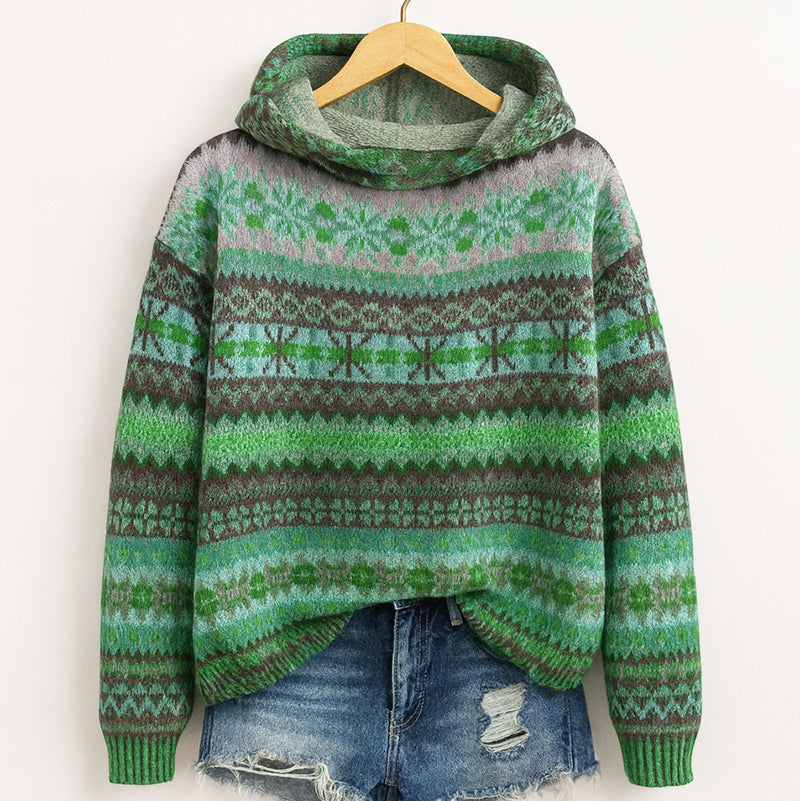 Amelie | Women's Christmas Sweater Nordic Fair Isle Hooded Knit Pullover Cozy Warm Festive