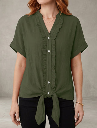 Military green summer blouse for women by Christine Brewer, features a V-neck, denim fabric, and ruffle details in a casual style.