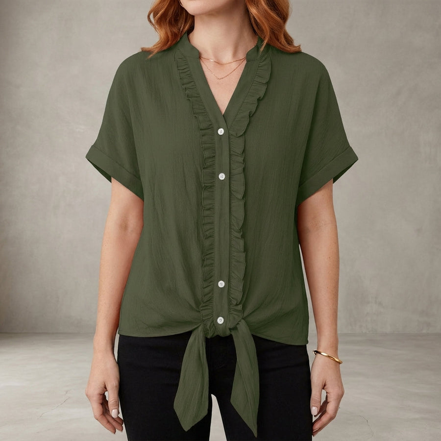 Military green summer blouse for women by Christine Brewer, features a V-neck, denim fabric, and ruffle details in a casual style.