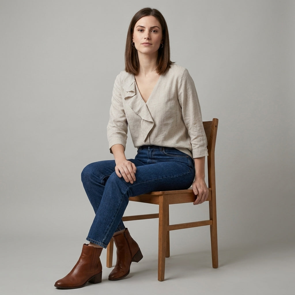 Women’s summer blouse by Christine Brewer featuring a V-neck denim design with ruffle details, worn by a model.