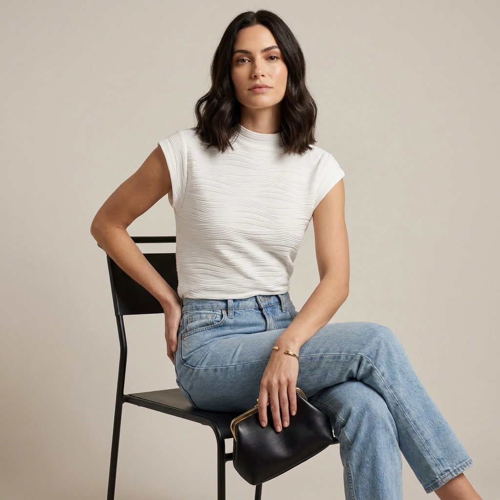 Women’s high neck cap sleeve summer top by Christine Brewer, worn by a model, featuring a stylish and lightweight design.
