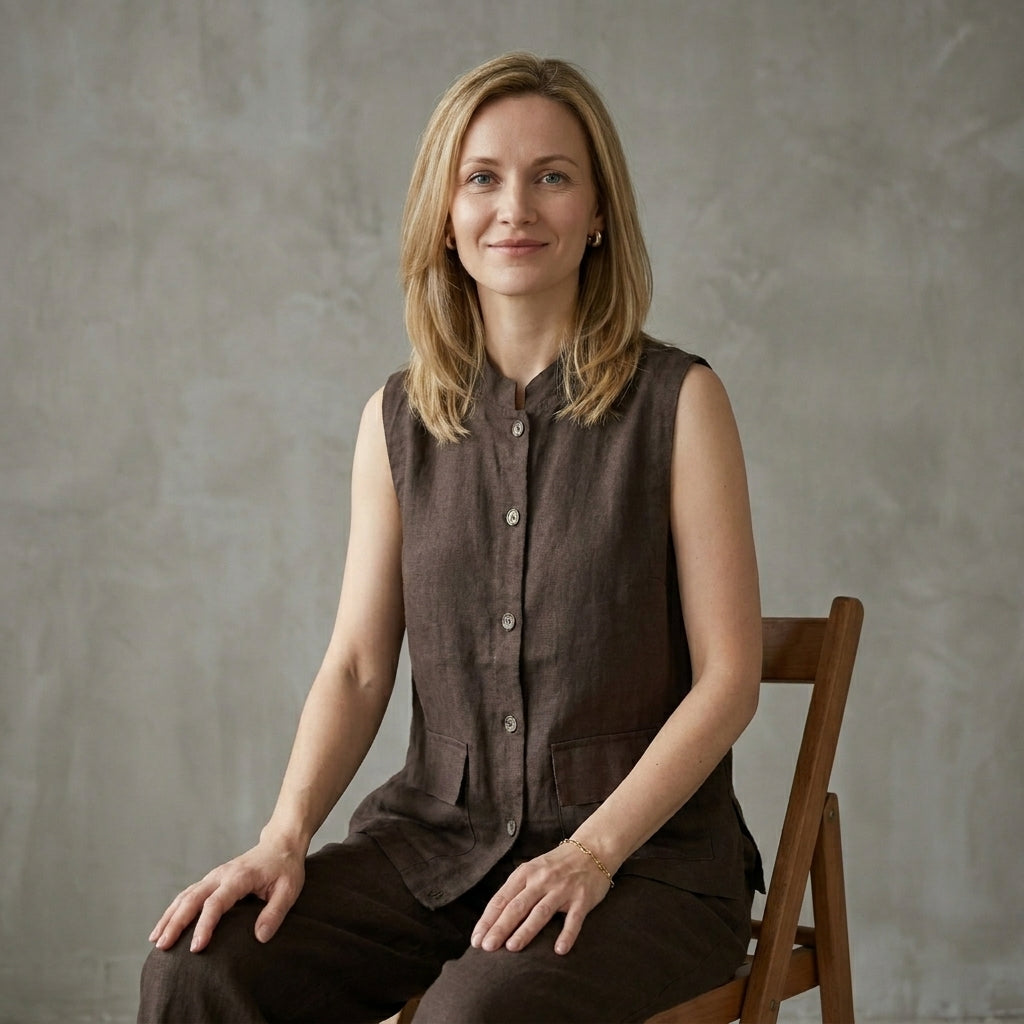 Women’s sleeveless denim summer blouse with button front, styled on a model, by Christine Brewer.
